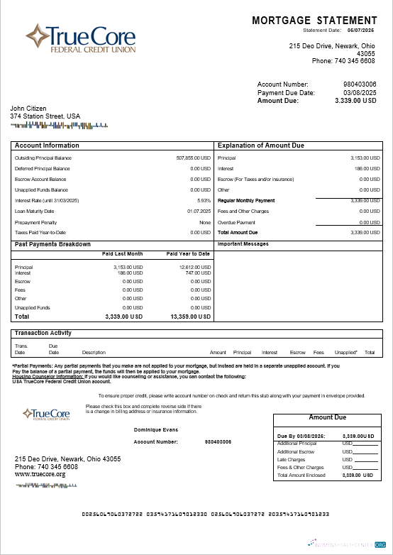 USA TrueCore Federal Credit Union account mortgage statement in Word and PDF formats